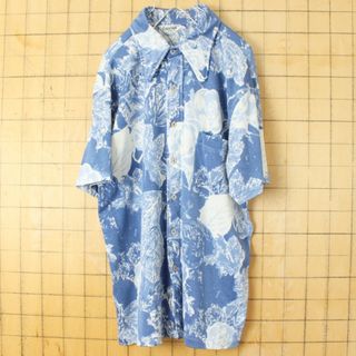 70s CANADA製 MR.JEFFポリエステル総柄シャツL ブルー ss31(シャツ)