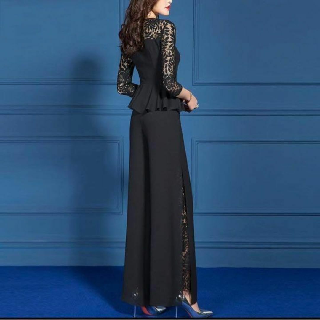 パンツドレスセット　結婚式　お呼ばれ　春スーツ きれいめオールインワン風3XL黒 レディースのフォーマル/ドレス(その他ドレス)の商品写真