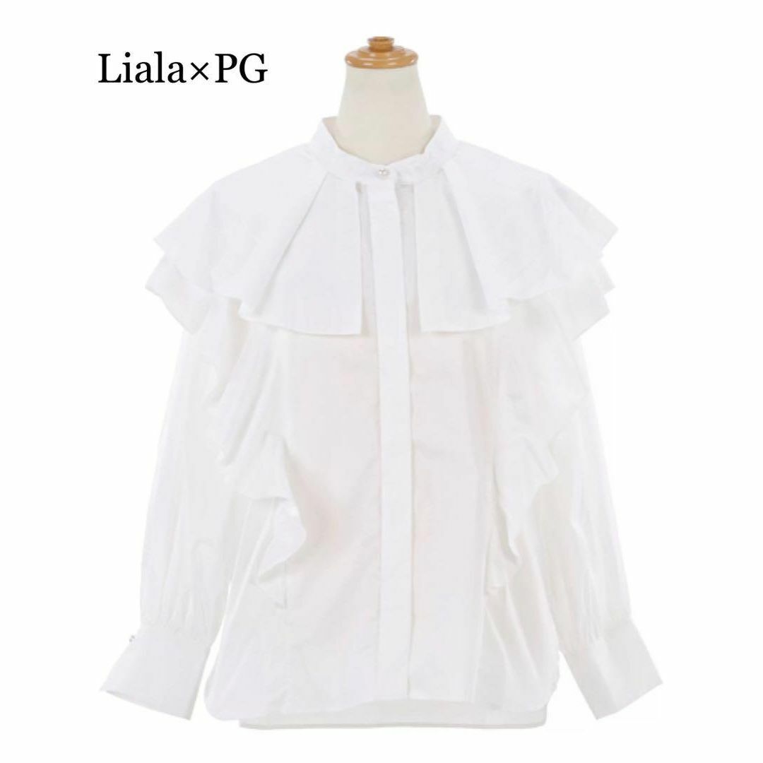 美品 Liala×PG バンドカラー ラッフル ブラウス ホワイト M レディースのトップス(シャツ/ブラウス(長袖/七分))の商品写真