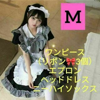 【新品未使用】メイド服　ニーハイソックス付き　モノトーン　フリル　コスプレ(その他)