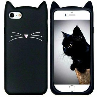 iPhone15 14　ひげ猫　ねこみみ　柔らかい　シリコン　衝撃吸収　ブラック(iPhoneケース)