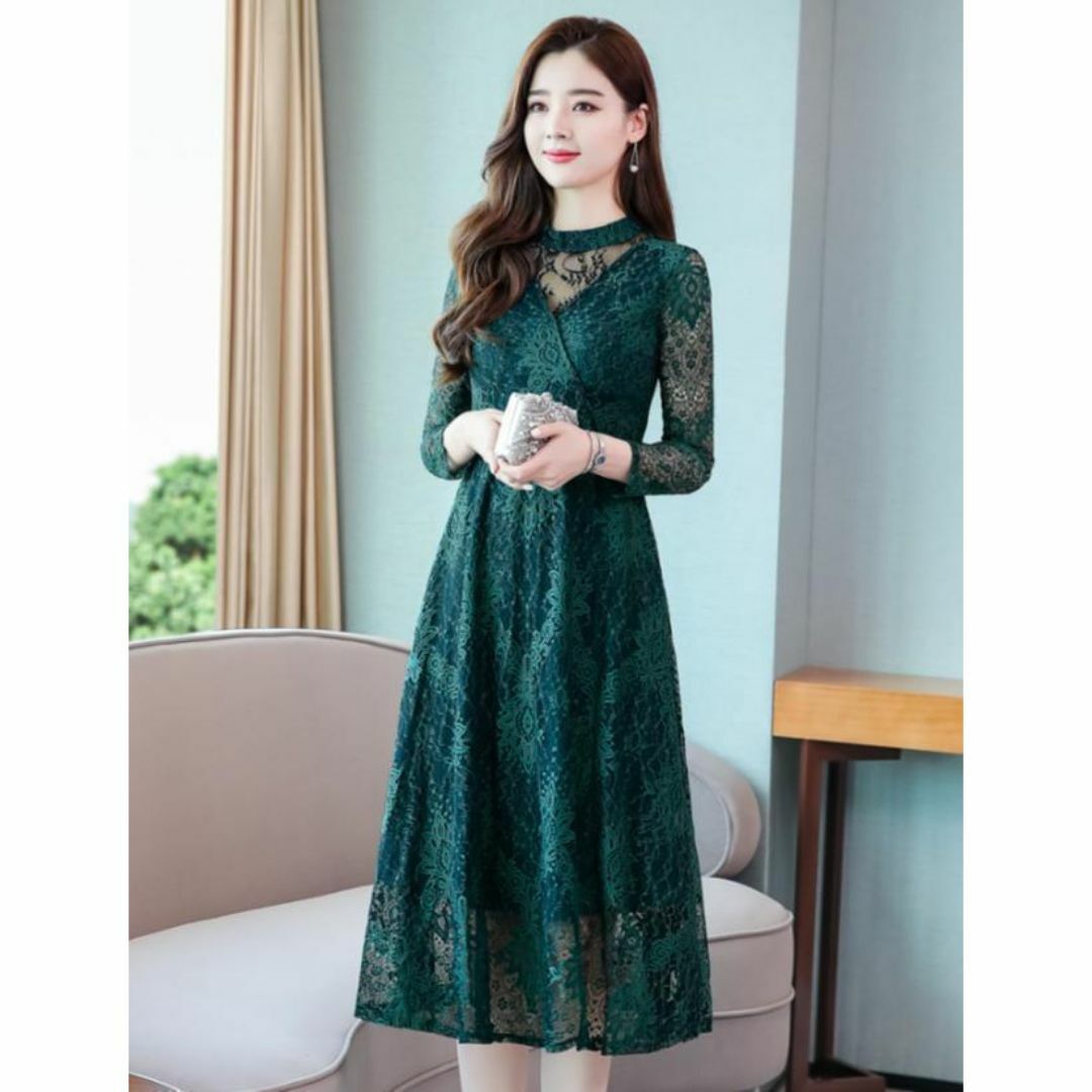 ワンピース　ドレス　総レース　結婚式お呼ばれパーティー人気お洒落 上品韓国緑XL レディースのフォーマル/ドレス(その他ドレス)の商品写真