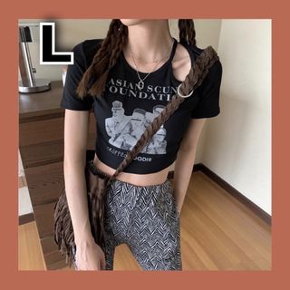 【イチオシ】半袖 ストリート 黒 韓国 L レディース 春 夏 クロップド丈(Tシャツ(半袖/袖なし))