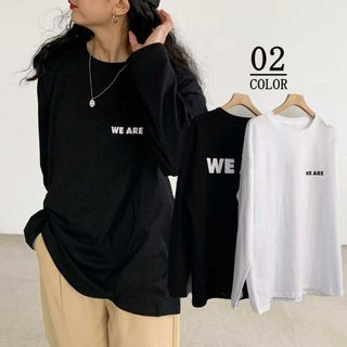 Tシャツ レディーストップス 長袖カットソー 韓国 英字 体型カバー ゆったり(Tシャツ(長袖/七分))