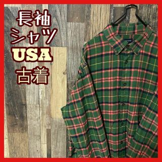 メンズ チェック アメカジ L グリーン ボタンダウン シャツ USA古着 長袖(シャツ)