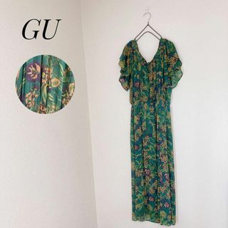 GU - GU ジーユー ロング ワンピース 総柄 レトロ 透け感 シフォン グリーン