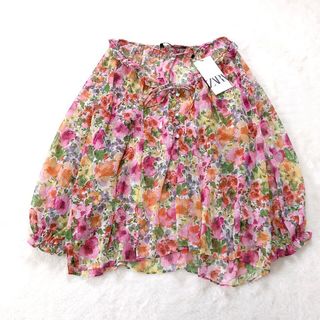 ザラ(ZARA)のタグ付き未使用♡ ZARA ブラウス　花柄　フリル　ゆったり　ピンク系　XL相当(シャツ/ブラウス(長袖/七分))