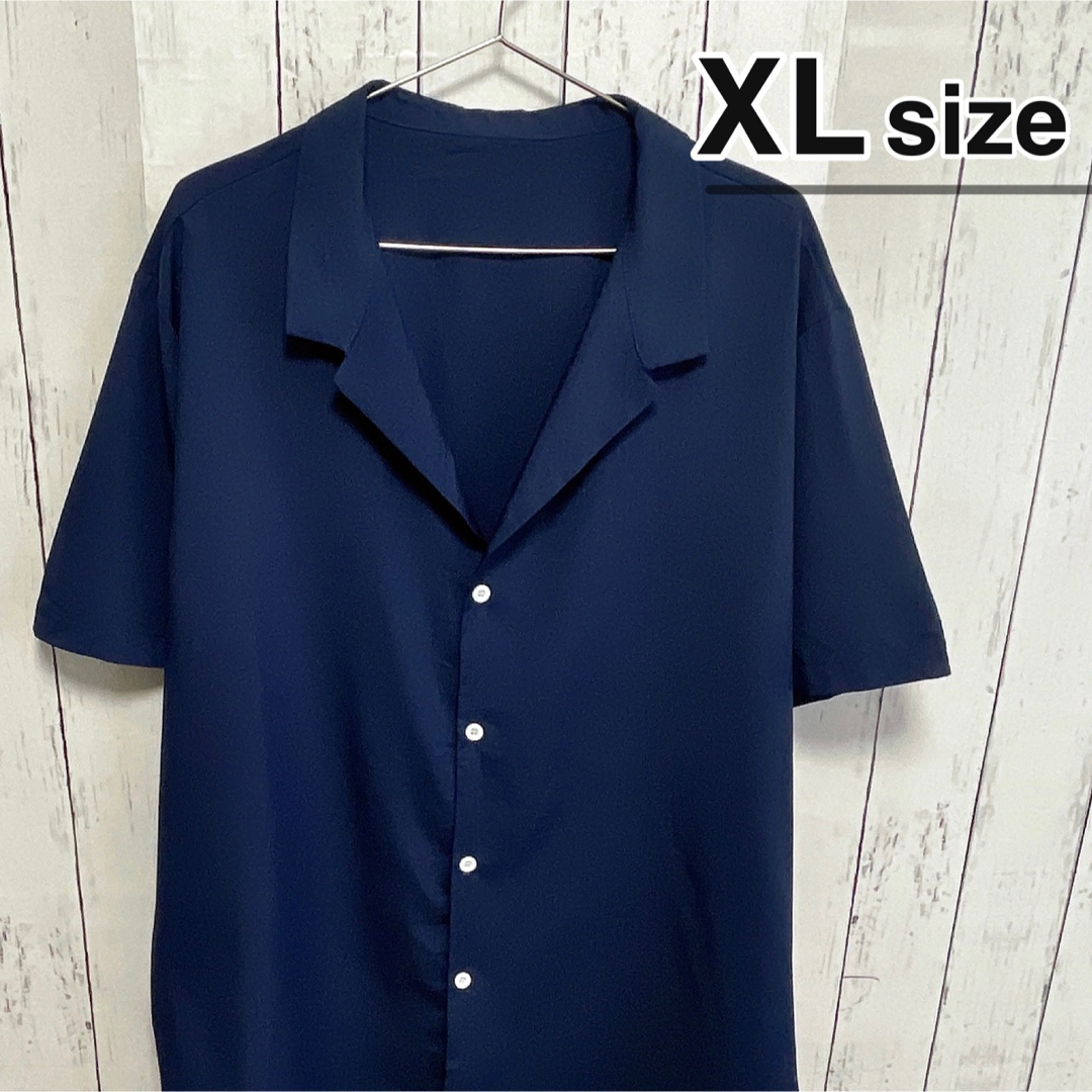 shirts(シャツ)のUSA古着　半袖シャツ　XLサイズ　ネイビー　無地　オープンカラー　ポリエステル メンズのトップス(シャツ)の商品写真