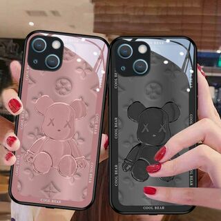 iPhone15 ケース　強化ガラス　可愛い　オシャレクマ　ピンク　黒グレー(iPhoneケース)