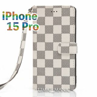 iPhone 15Pro 手帳型 ケース 市松模様 白 チェック ホワイト 格子(iPhoneケース)