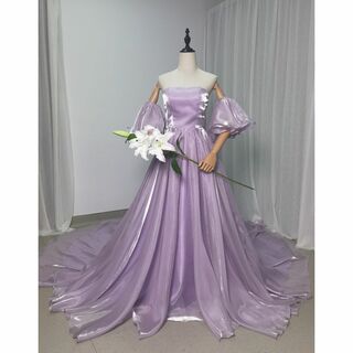 ピンク紫カラードレス　2ways 取り外し袖　豪華なトレーン　ウエディングフォト(ウェディングドレス)