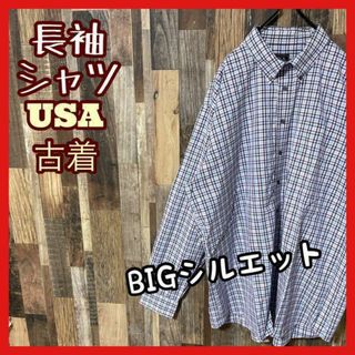 ボタンダウン チェック 2XL 水色 メンズ シャツ USA古着 90s 長袖(シャツ)