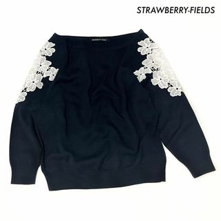 ストロベリーフィールズ(STRAWBERRY-FIELDS)のSTRAWBERRY-FIELDS★肩レース付き 7分袖ニット ネイビー 紺(ニット/セーター)