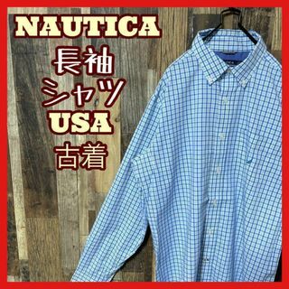 ノーティカ(NAUTICA)のノーティカ M ロゴ 水色 メンズ チェック シャツ USA古着 90s 長袖(シャツ)