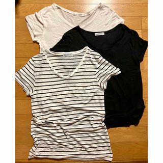 ブラウニー(BROWNY)のＶネックTシャツ　３点セット　黒　白　ボーダー　レーヨンモダール　麻(Tシャツ/カットソー(半袖/袖なし))