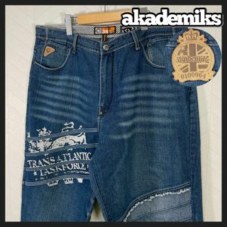 アカデミクス(AKADEMIKS)のakademiks デニム パンツ 極太 ライン プリント 切替え バギー 38(デニム/ジーンズ)