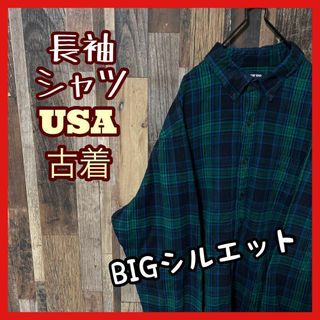 ボタンダウン チェック メンズ ネイビー 2XL シャツ 古着 90s 長袖(シャツ)