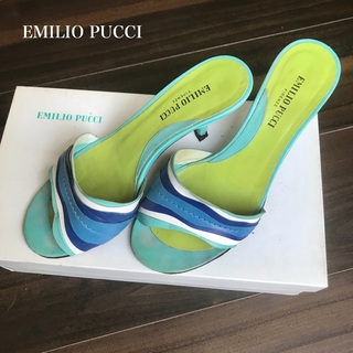 エミリオプッチ(EMILIO PUCCI)のEMILIO PUCCI レザーサンダル 35　ブルー＆ホワイト(サンダル)