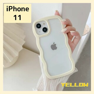iPhoneケース iPhone11 イエロー ウェーブ 黄色 韓国 背面クリア(iPhoneケース)
