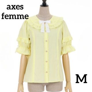 axes femme - タグ付　新品未使用　コットン風　パール襟半袖ブラウス　レモンイエロー