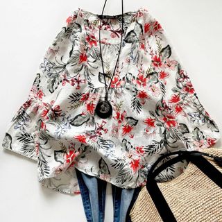 ザラ(ZARA)の美品♪ザラ◆ZARA◆フローラルプリント　リネンVネックブラウス　花柄(シャツ/ブラウス(長袖/七分))