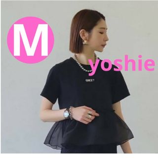 しまむら×yoshie オーガンジー切り替えTシャツ　ブラック　M(Tシャツ(半袖/袖なし))