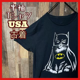 メンズ バットマン アニマル 猫 L ブラック ネイビー 古着 半袖 Tシャツ(Tシャツ/カットソー(半袖/袖なし))