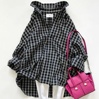 極美品♪Vin◆ヴァン◆チェックスキッパーシャツ　長袖ブラウス　コットン　タック