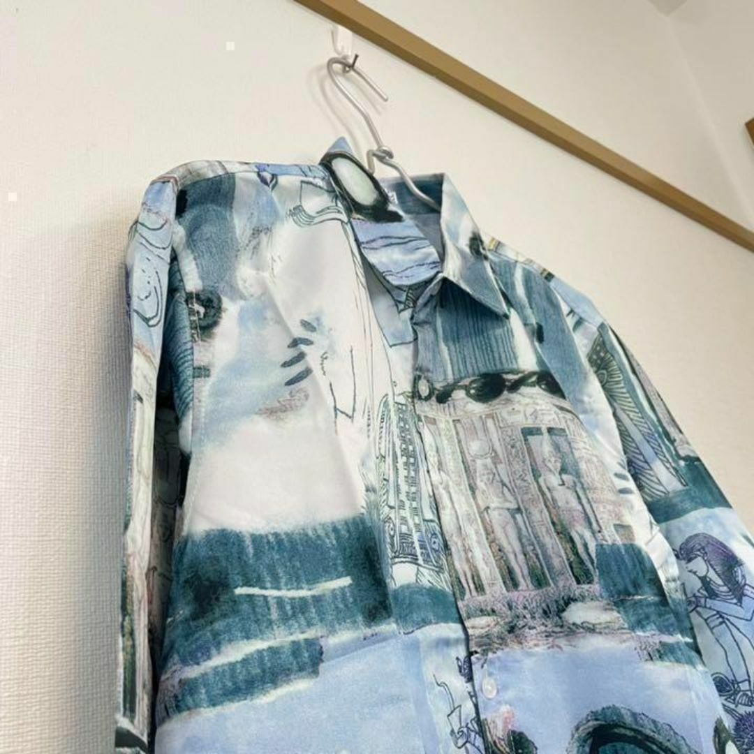 メンズ 水彩画風 ファラオ レトロ 総柄 シャツ 長袖 ブルー XL ゆったり メンズのトップス(シャツ)の商品写真