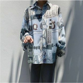 メンズ 水彩画風 ファラオ レトロ 総柄 シャツ 長袖 ブルー XL ゆったり(シャツ)