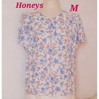 ハニーズ(HONEYS)のハニーズ 花柄トップス ブラウス チュニック M★ブルー 半袖(シャツ/ブラウス(半袖/袖なし))