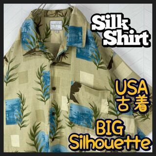 USA古着 シルク 100％ シャツ 総柄 テロ感 ベージュ ビックサイズ XL(シャツ)