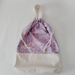 ハンドメイド お着替え袋 パープル×オフホワイト 花柄 持ち手(バッグ/レッスンバッグ)