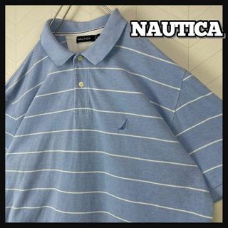 ノーティカ(NAUTICA)のノーティカ ポロシャツ ボーダー 水色 オーバーサイズ 刺繍ロゴ USA古着(ポロシャツ)