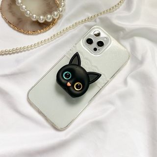 スマホグリップ ポップソケット  猫 iPhone スマホスタンド ミラー 黒