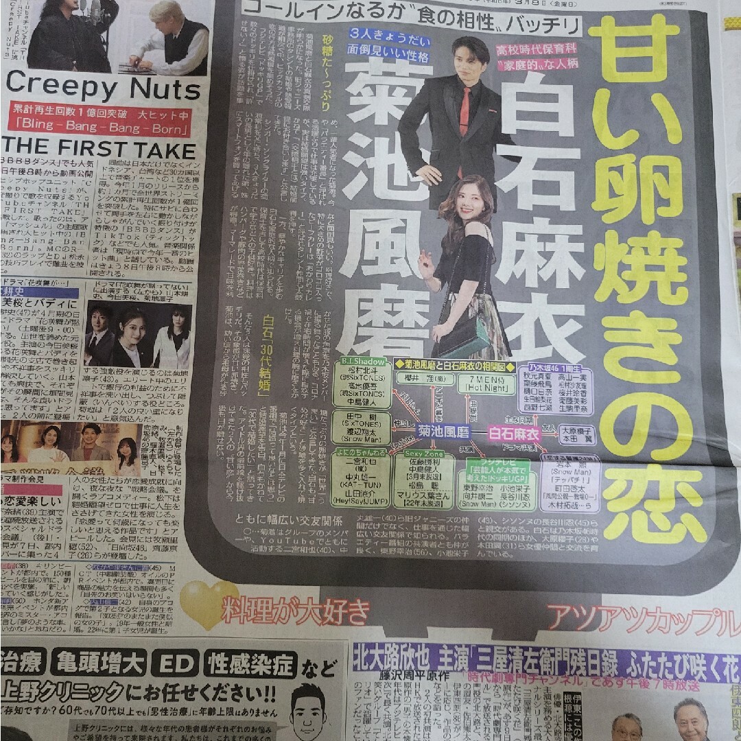 白石麻衣  菊池風磨 スポーツ新聞記事 エンタメ/ホビーのタレントグッズ(アイドルグッズ)の商品写真