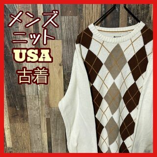メンズ セーター クリーム L カジュアル ニット USA古着 90s 長袖(ニット/セーター)