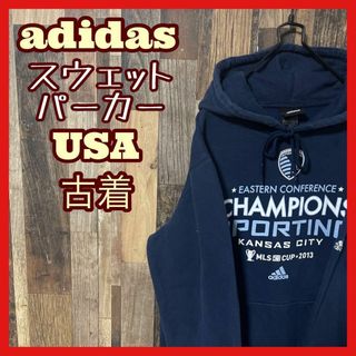 アディダス(adidas)のアディダス メンズ パーカー M ネイビー プリント 古着 長袖 スウェット(パーカー)