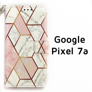 Google Pixel 7a 白 ピンク 大理石柄 手帳 ストラップ