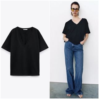 ザラ(ZARA)のタグ付き新品 ZARA ヘビーコットン オーバーサイズ VネックTシャツ(Tシャツ(半袖/袖なし))