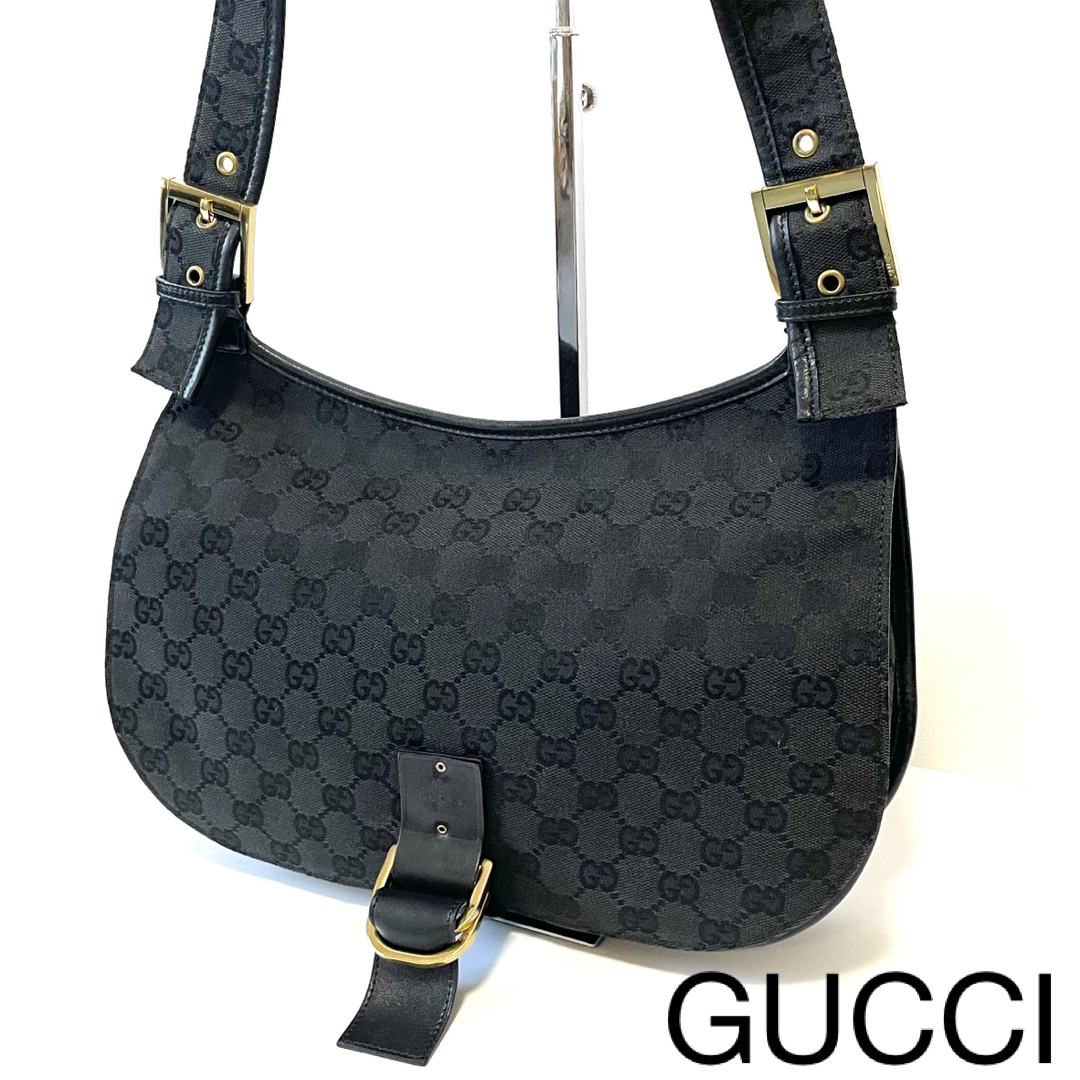 Gucci(グッチ)の【美品】グッチ  ワン ショルダーバッグ　肩かけ　GGキャンバス×レザー　黒 レディースのバッグ(ショルダーバッグ)の商品写真