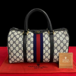 グッチ(Gucci)の極 美品 袋付 GUCCI オールドグッチ ヴィンテージ シェリーライン GG ロゴ 金具 レザー ハンドバッグ ミニ ボストンバッグ ネイビー 02173(ハンドバッグ)