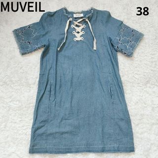 ミュベール(MUVEIL)の【美品】ミュベール デニム ワンピース 花柄 シースルー インディゴブルー 38(ひざ丈ワンピース)