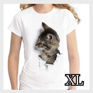 3Dシャツ Tシャツ 半袖 ホワイト XL 猫 ねこ 売れ筋商品(Tシャツ(半袖/袖なし))