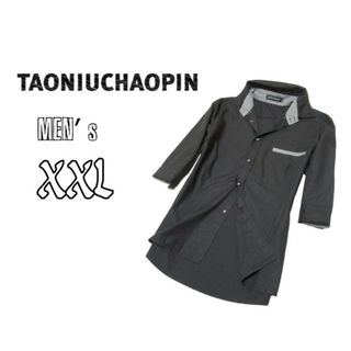 メンズXXL◇TAONIUCHAOPIN◇7分袖ボタンダウンシャツ 黒色(シャツ)