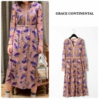 グレースコンチネンタル(GRACE CONTINENTAL)の【グレースコンチネンタル】フラワーライン刺繍ワンピース　花柄　ピンク　36(ロングワンピース/マキシワンピース)