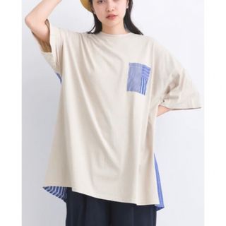 Lupilien  16S天竺×ストライプ　ドッキングTシャツ　グレージュ(Tシャツ(半袖/袖なし))