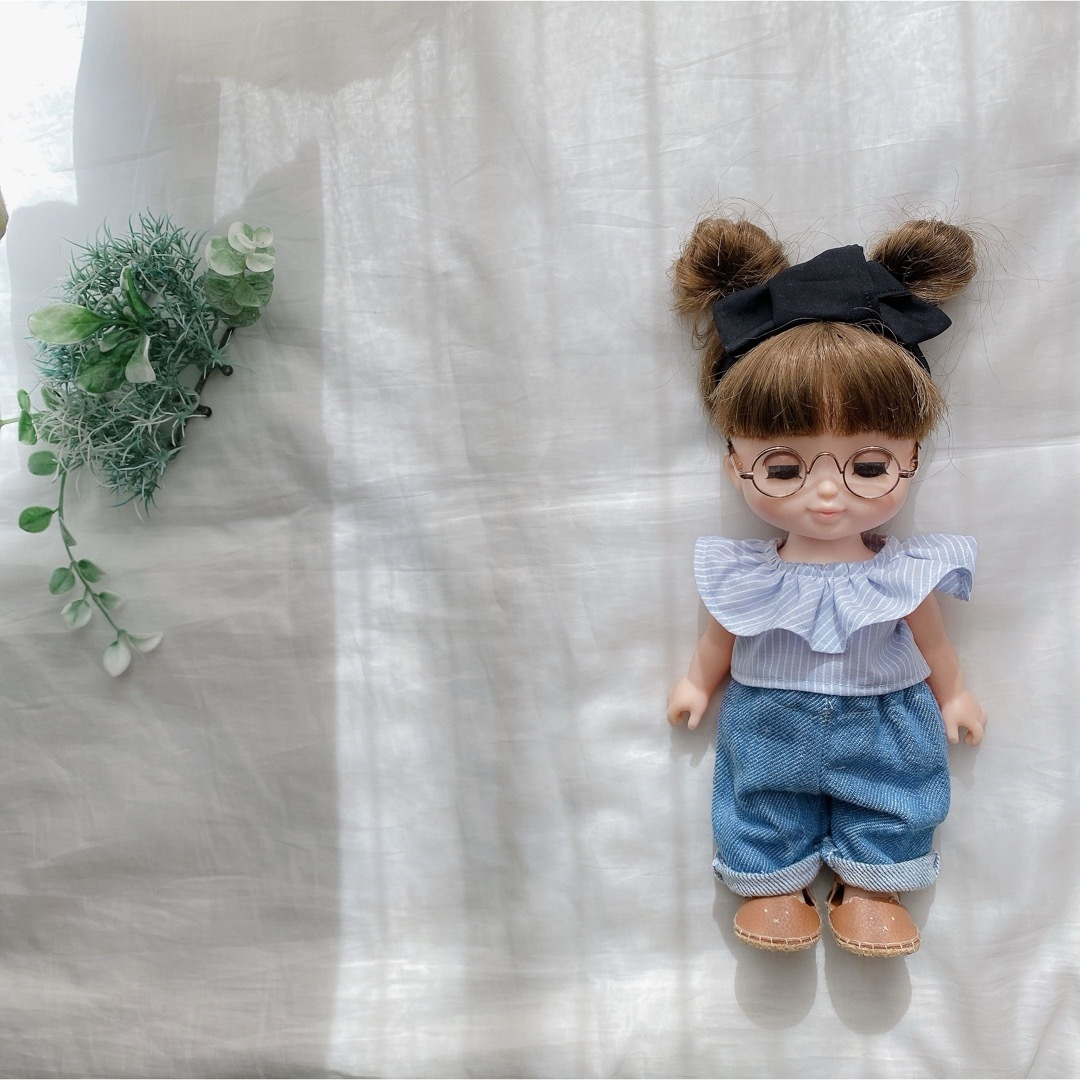 メルちゃんソランちゃん　ストライプフリルブラウス＆デニムとヘアバンド ハンドメイドのぬいぐるみ/人形(人形)の商品写真