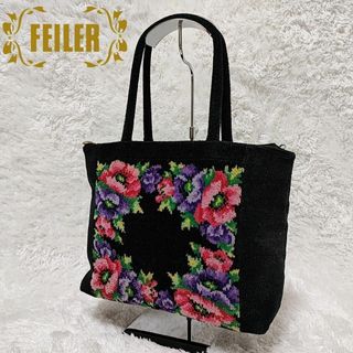 フェイラー(FEILER)の美品✨FEILER フェイラー ハンドバッグ ブラック 黒 花柄 ローズ バラ(トートバッグ)