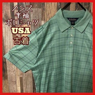 グリーン チェック メンズ L ボタン USA古着 90s 半袖 ポロシャツ(ポロシャツ)